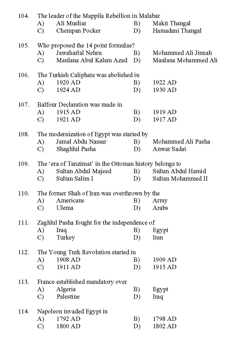 Kerala SET Islamic History Exam 2011 Question Code 91116 10