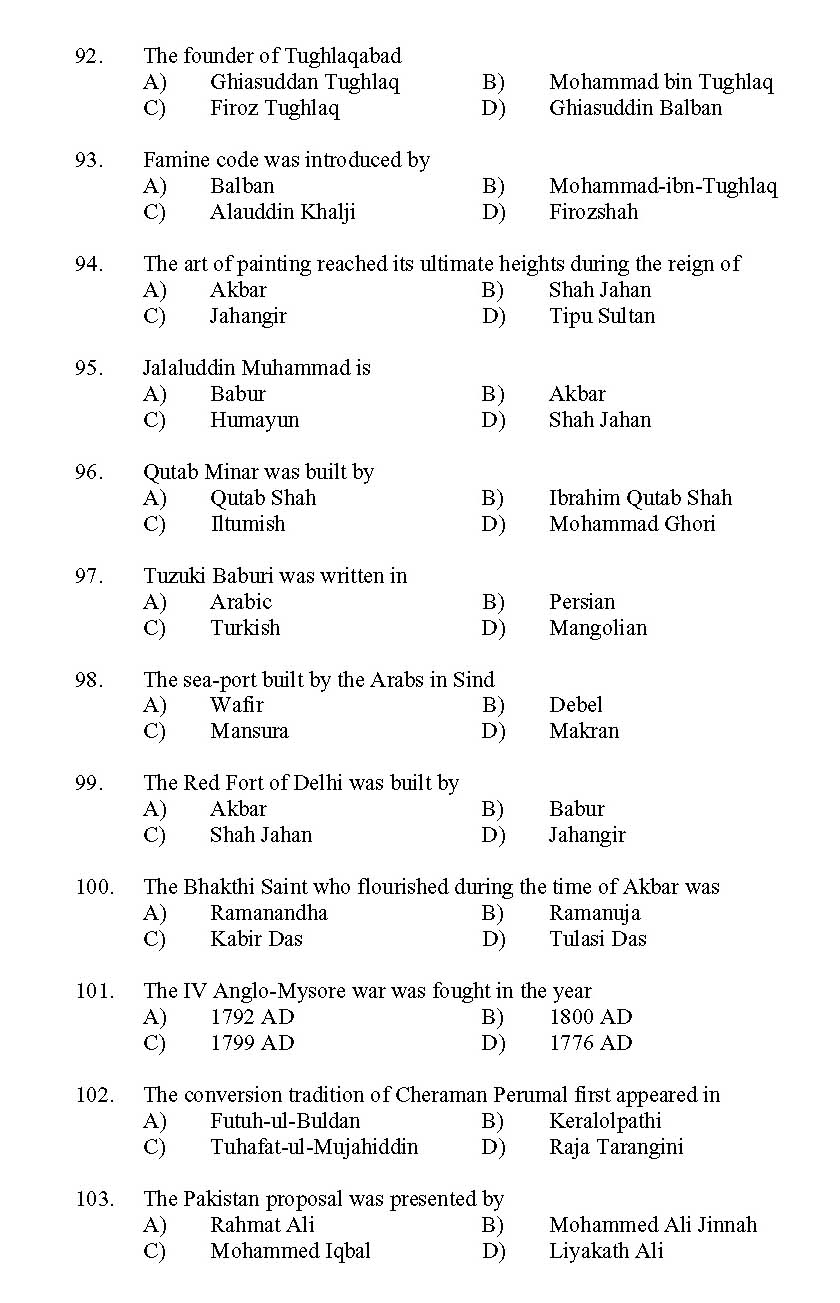 Kerala SET Islamic History Exam 2011 Question Code 91116 9