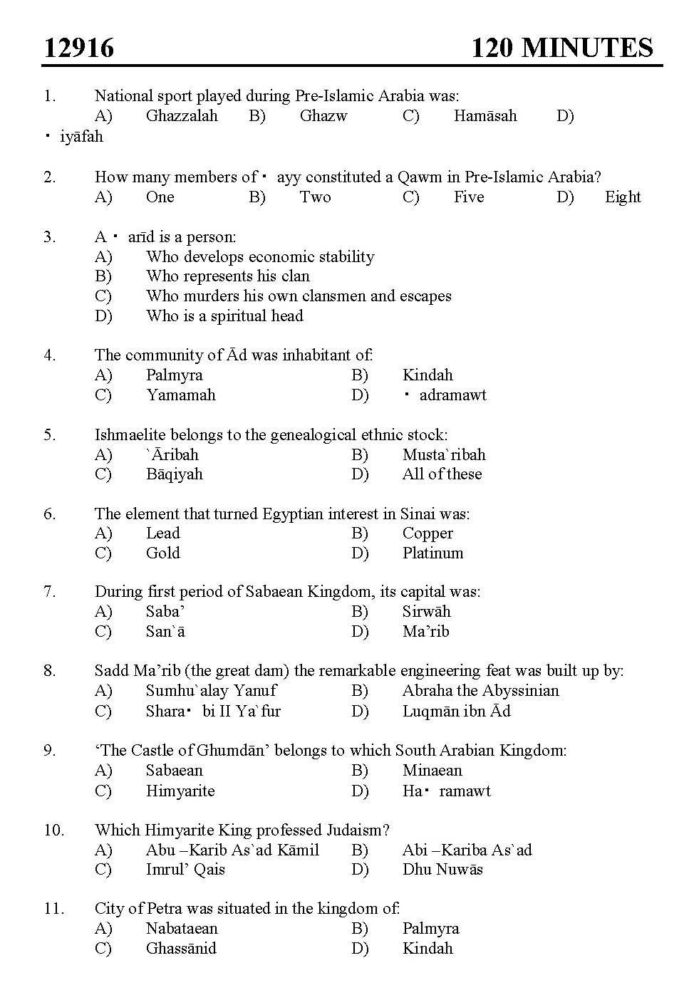 Kerala SET Islamic History Exam 2012 Question Code 12916 1