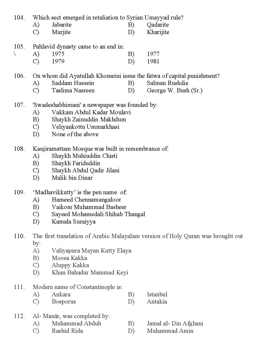 Kerala SET Islamic History Exam 2012 Question Code 12916 10