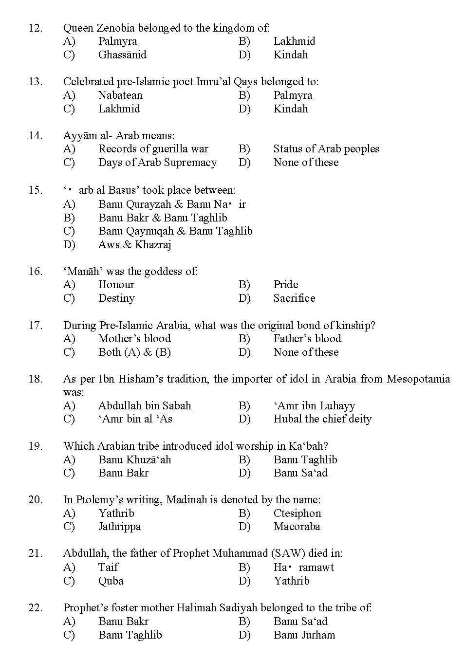 Kerala SET Islamic History Exam 2012 Question Code 12916 2