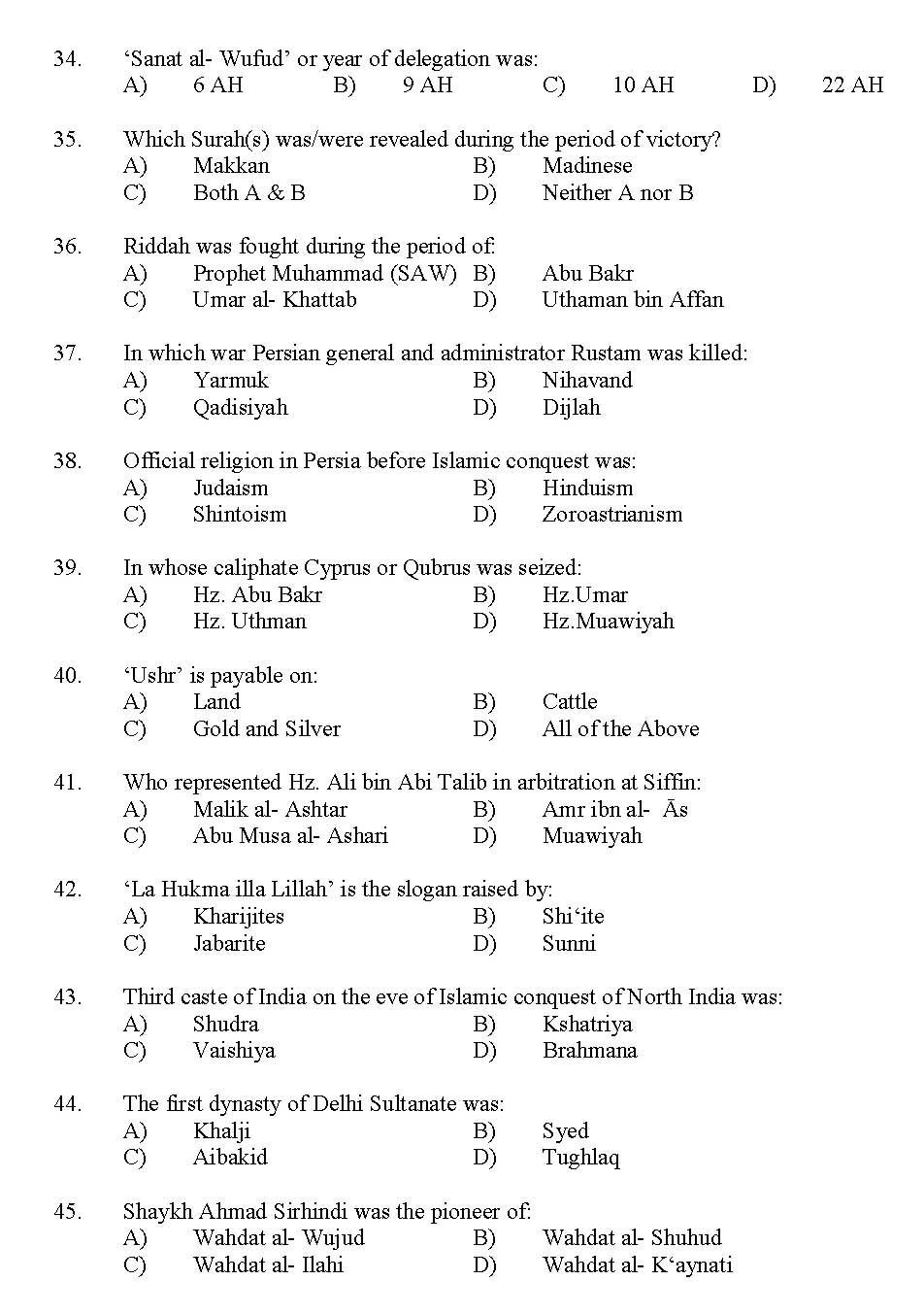 Kerala SET Islamic History Exam 2012 Question Code 12916 4