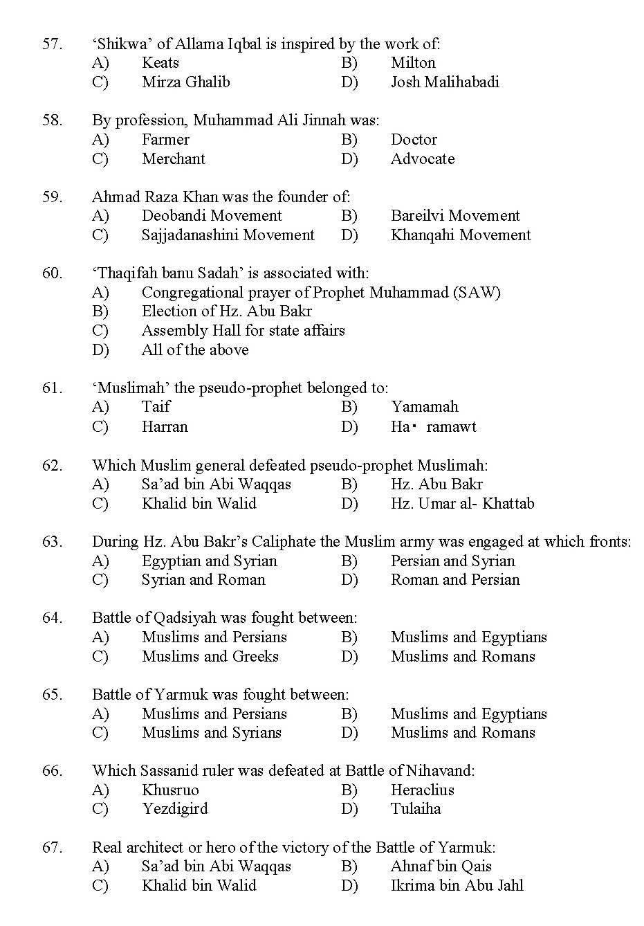 Kerala SET Islamic History Exam 2012 Question Code 12916 6