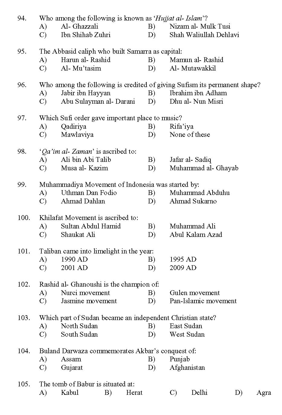 Kerala SET Islamic History Exam 2013 Question Code 13616 10