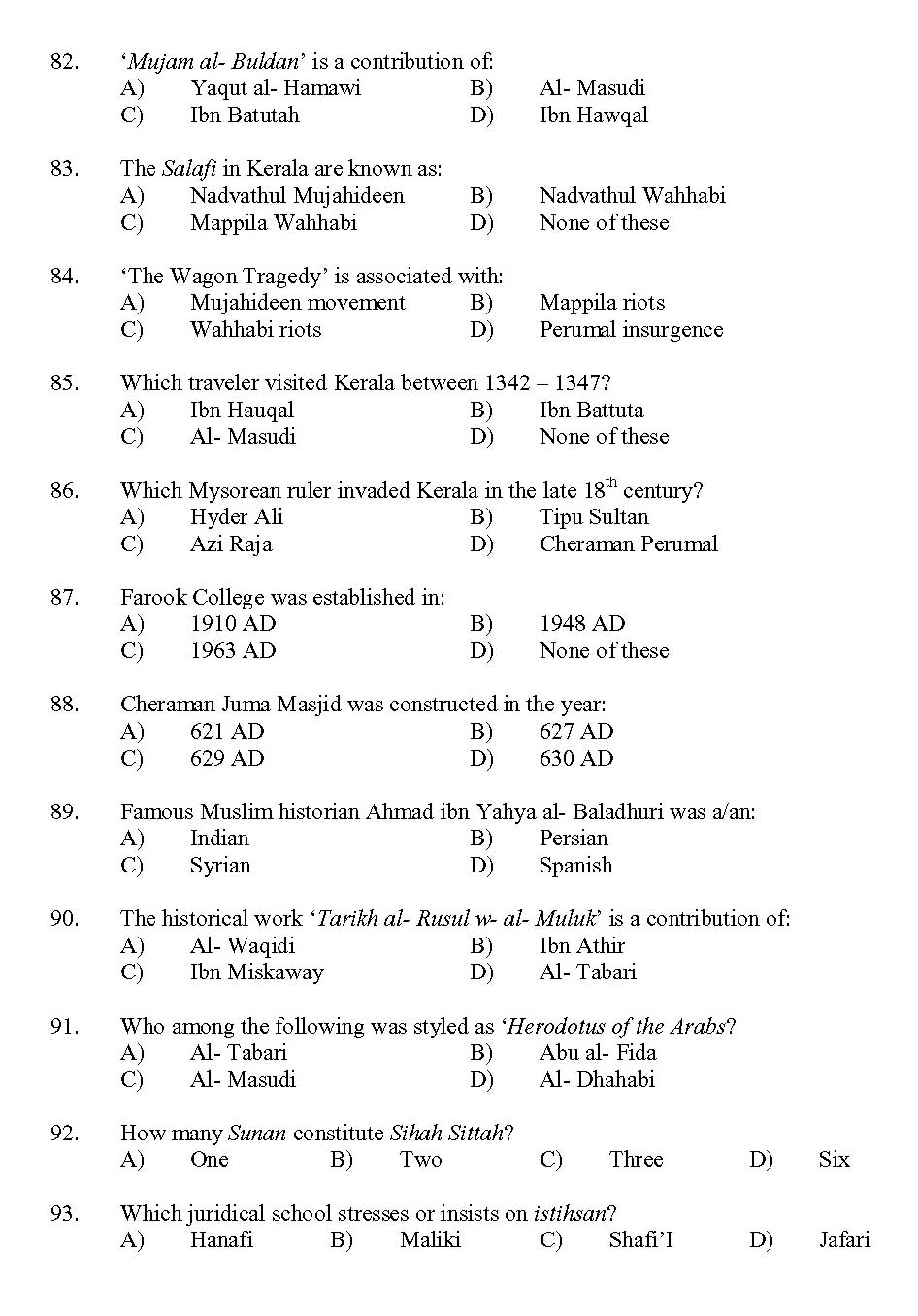 Kerala SET Islamic History Exam 2013 Question Code 13616 9