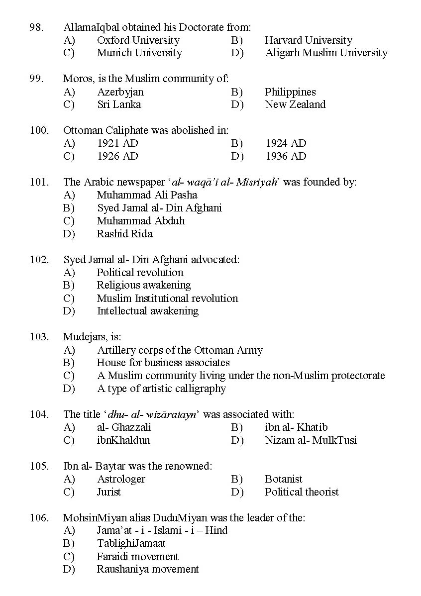 Kerala SET Islamic History Exam 2014 Question Code 14216 11