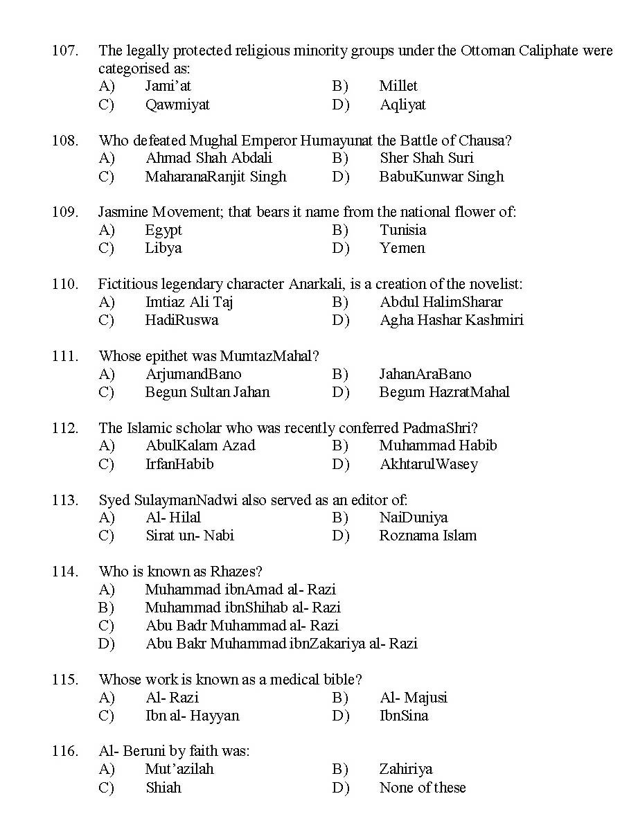 Kerala SET Islamic History Exam 2014 Question Code 14216 12
