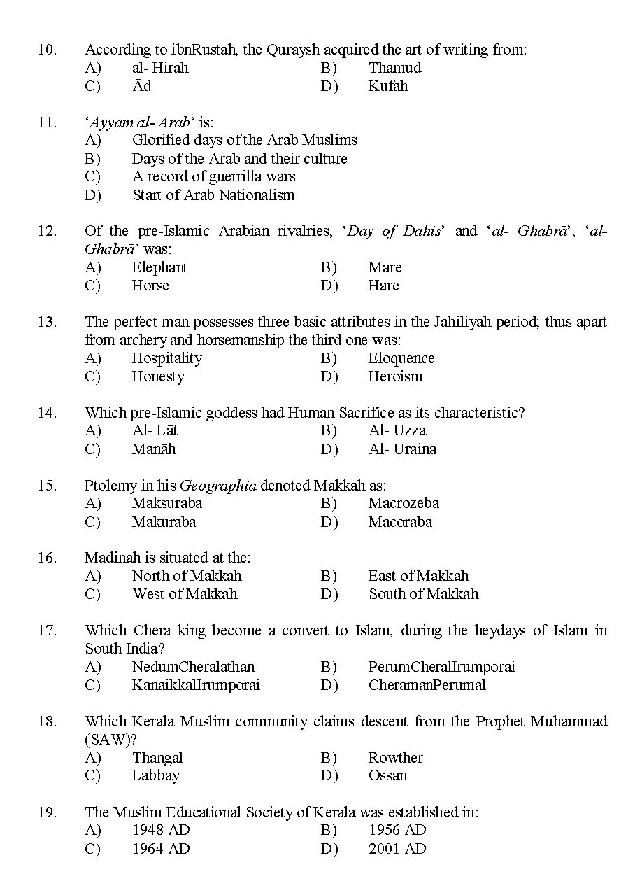 Kerala SET Islamic History Exam 2014 Question Code 14216 2