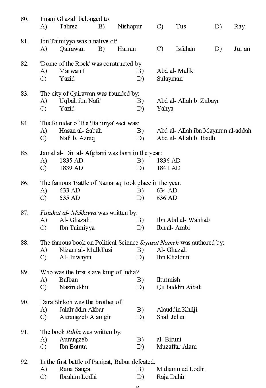 Kerala SET Islamic History Exam 2015 Question Code 15616 8