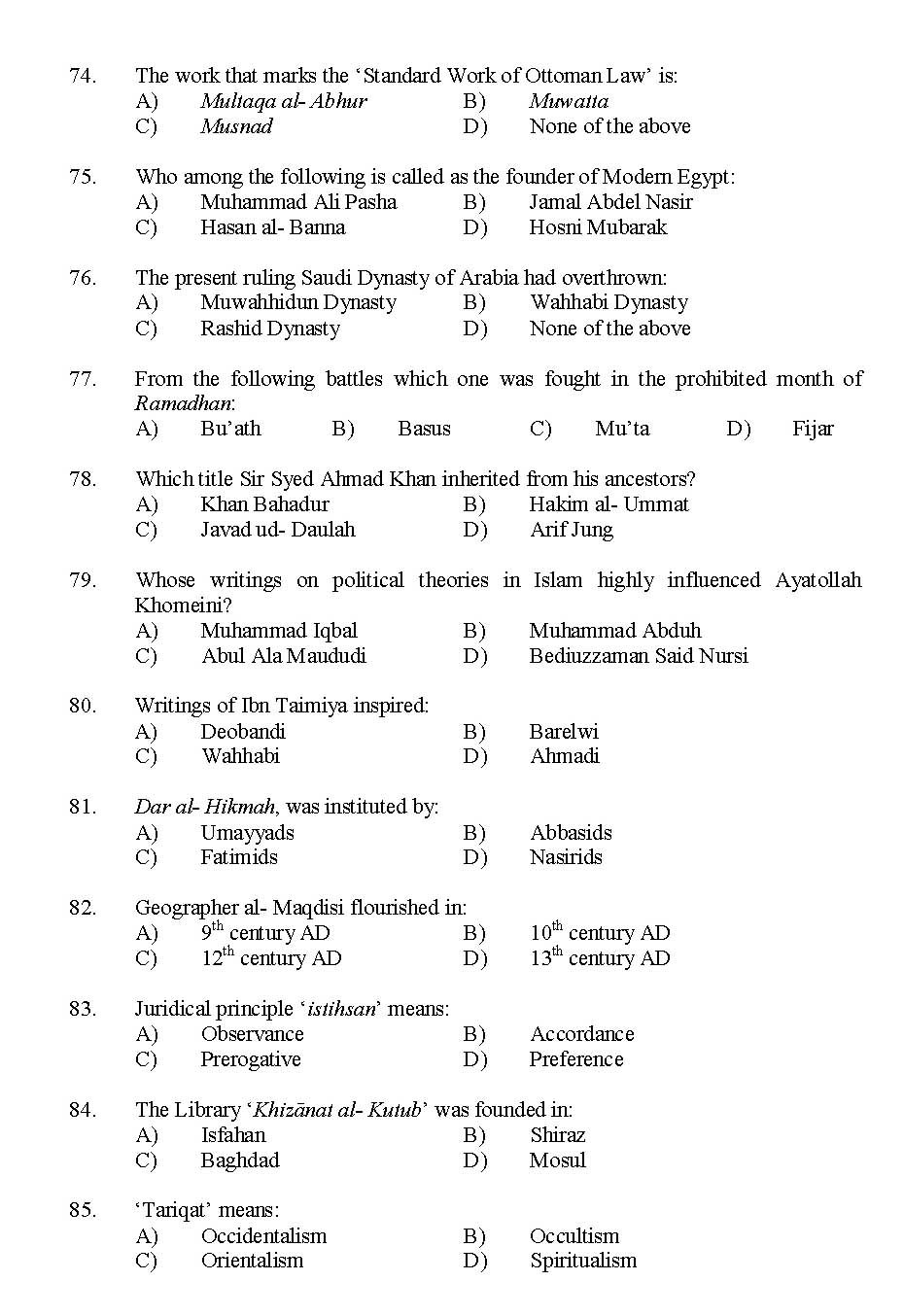 Kerala SET Islamic History Exam 2016 Question Code 16116 A 9
