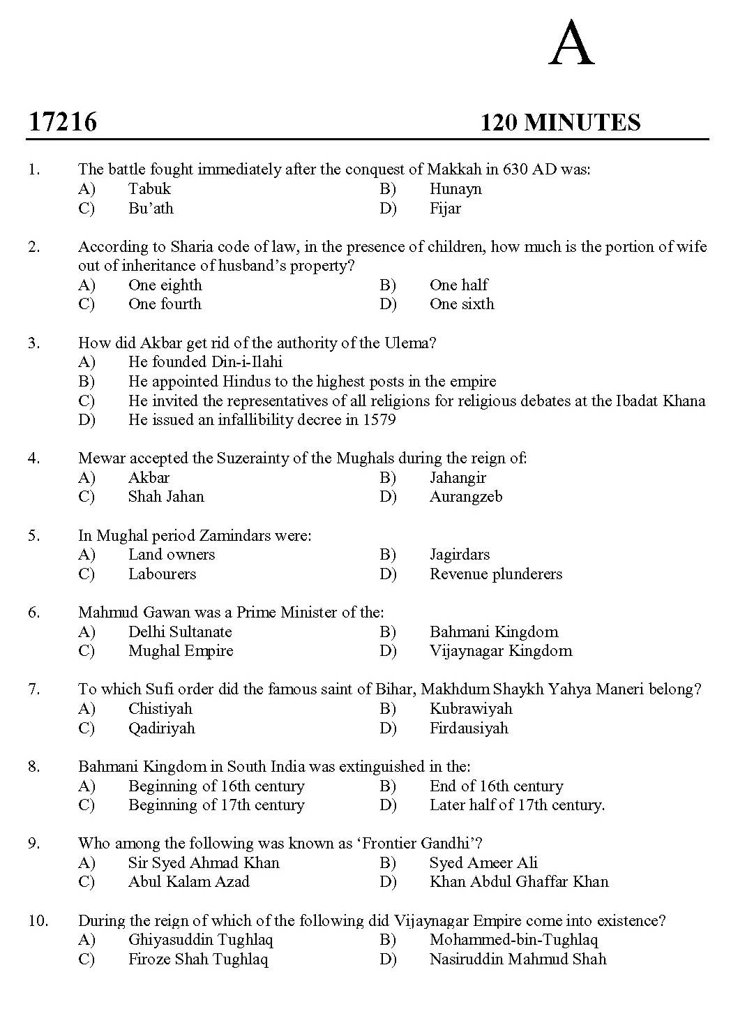 Kerala SET Islamic History Exam 2017 Question Code 17216 A 1