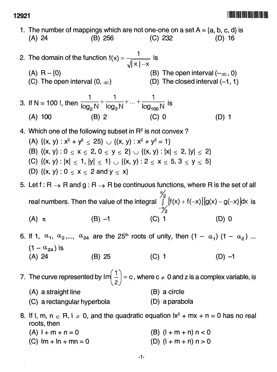 Kerala SET Mathematics Exam 2012 Question Code 12921 1