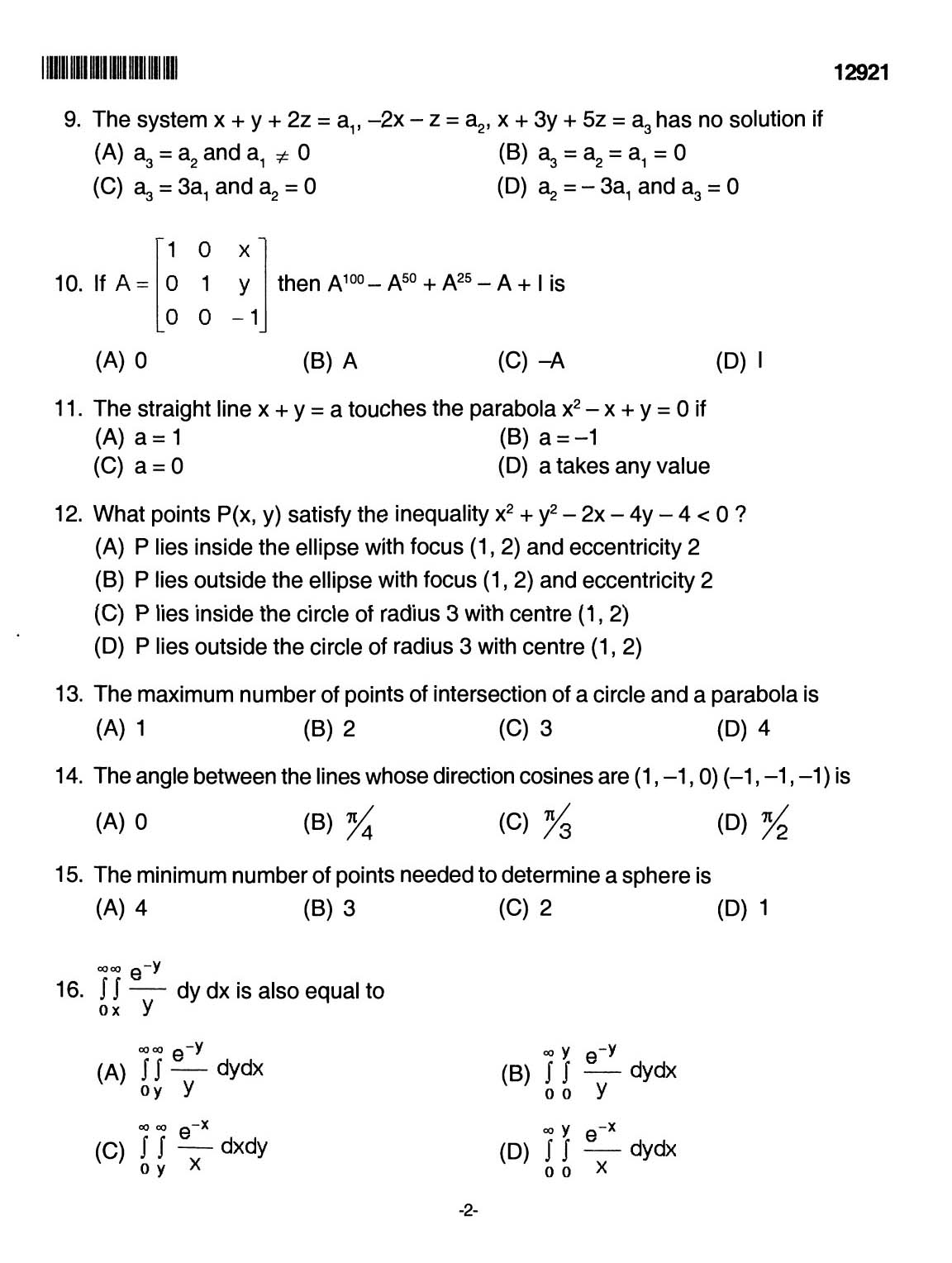 Kerala SET Mathematics Exam 2012 Question Code 12921 2
