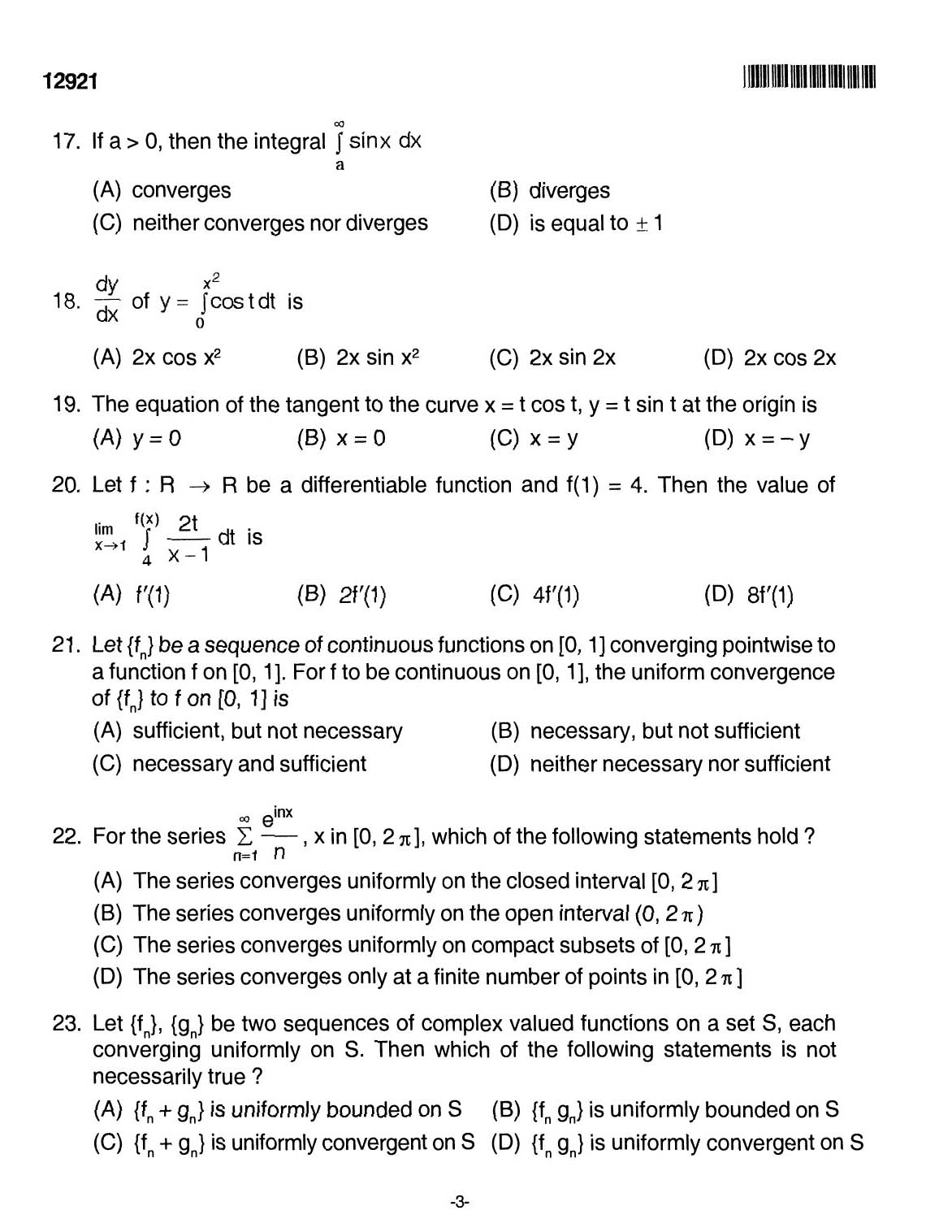 Kerala SET Mathematics Exam 2012 Question Code 12921 3