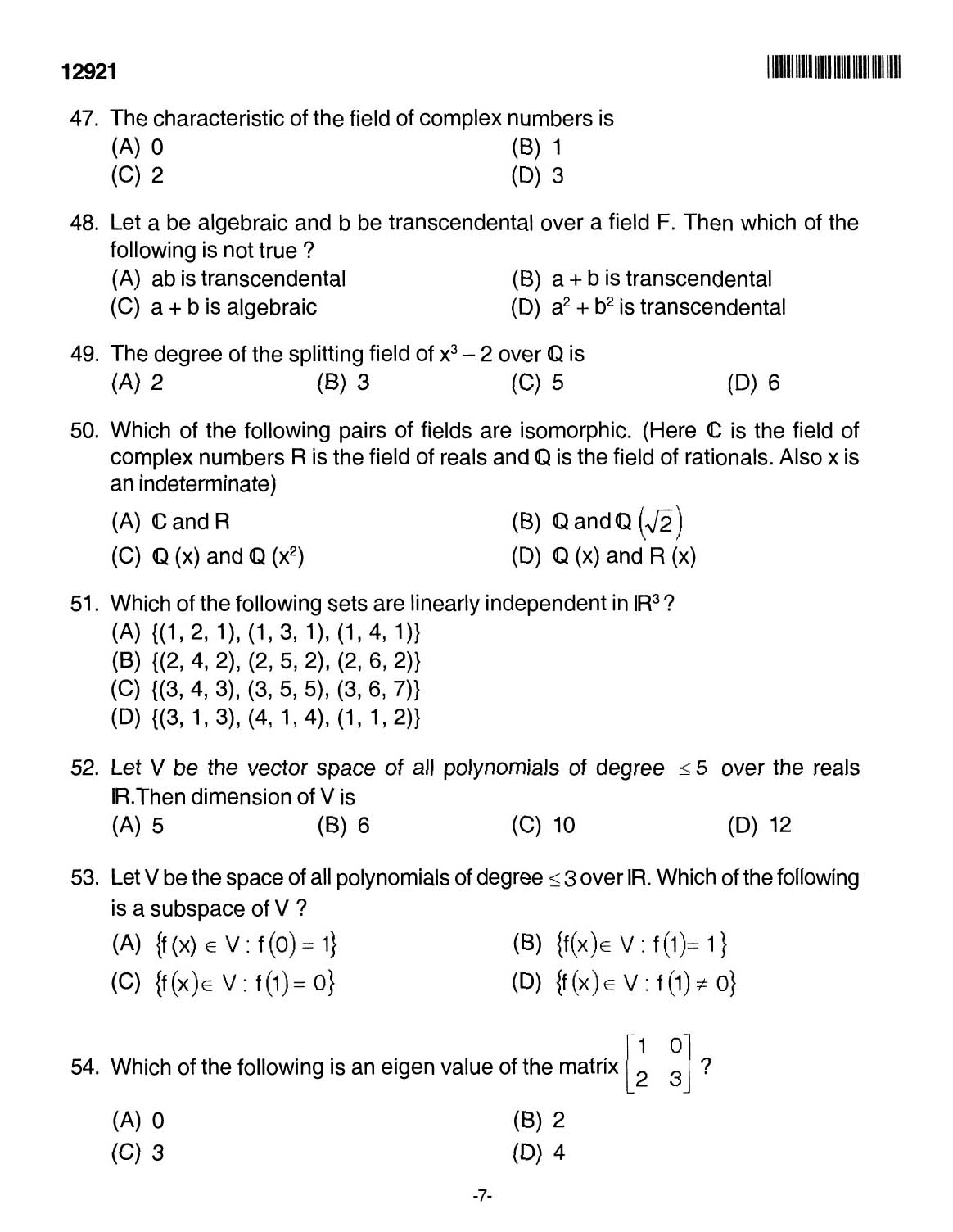Kerala SET Mathematics Exam 2012 Question Code 12921 7