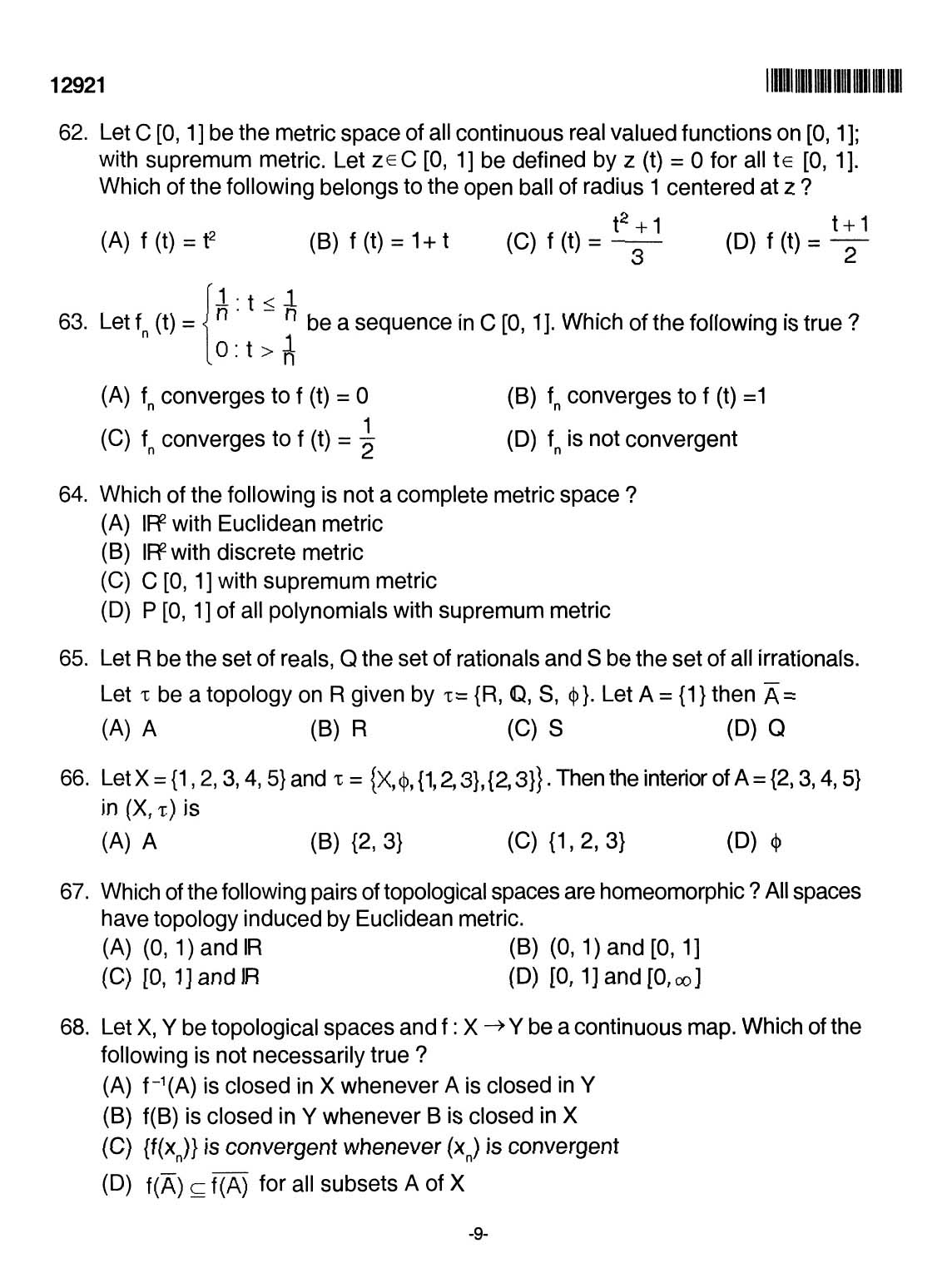 Kerala SET Mathematics Exam 2012 Question Code 12921 9