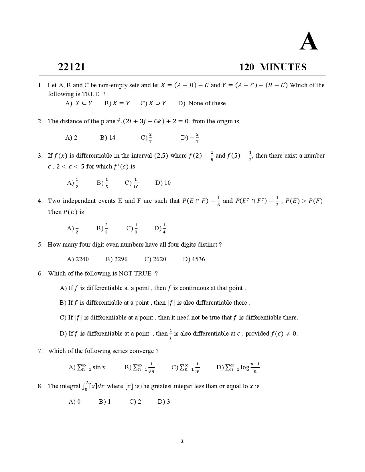 Kerala SET Mathematics Exam Question Paper January 2022 1