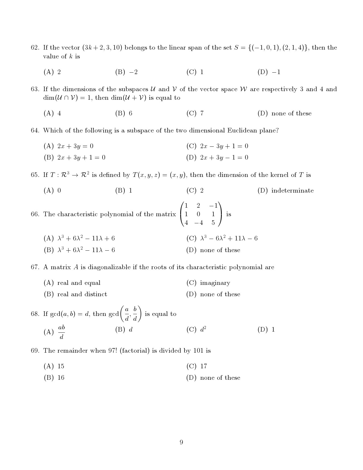 Kerala SET Mathematics Exam Question Paper January 2022 9