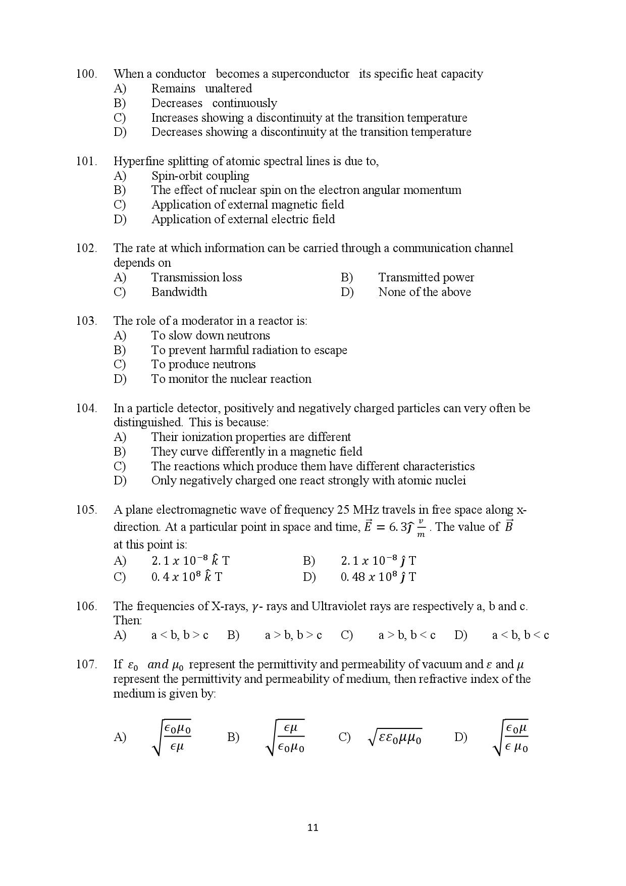 Kerala SET Physics Exam Question Paper February 2018 11