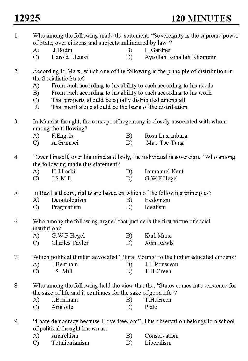 Kerala SET Political Science Exam 2012 Question Code 12925 1