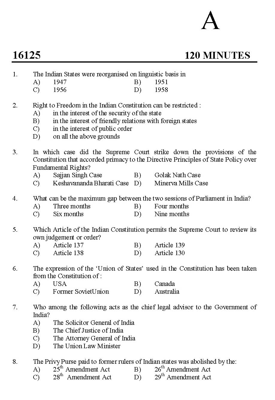 Kerala SET Political Science Exam 2016 Question Code 16125 A 1