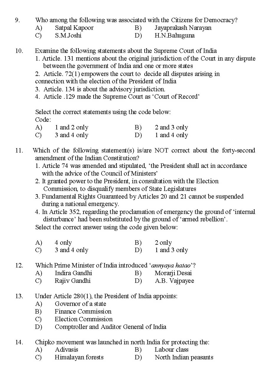 Kerala SET Political Science Exam 2016 Question Code 16125 A 2