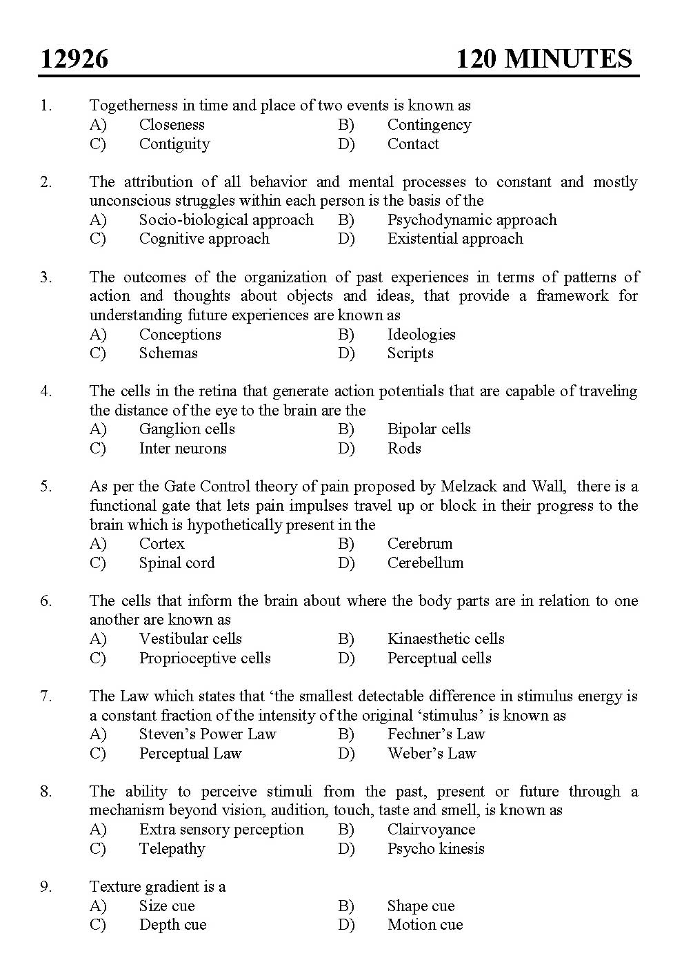 Kerala SET Psychology Exam 2012 Question Code 12926 1