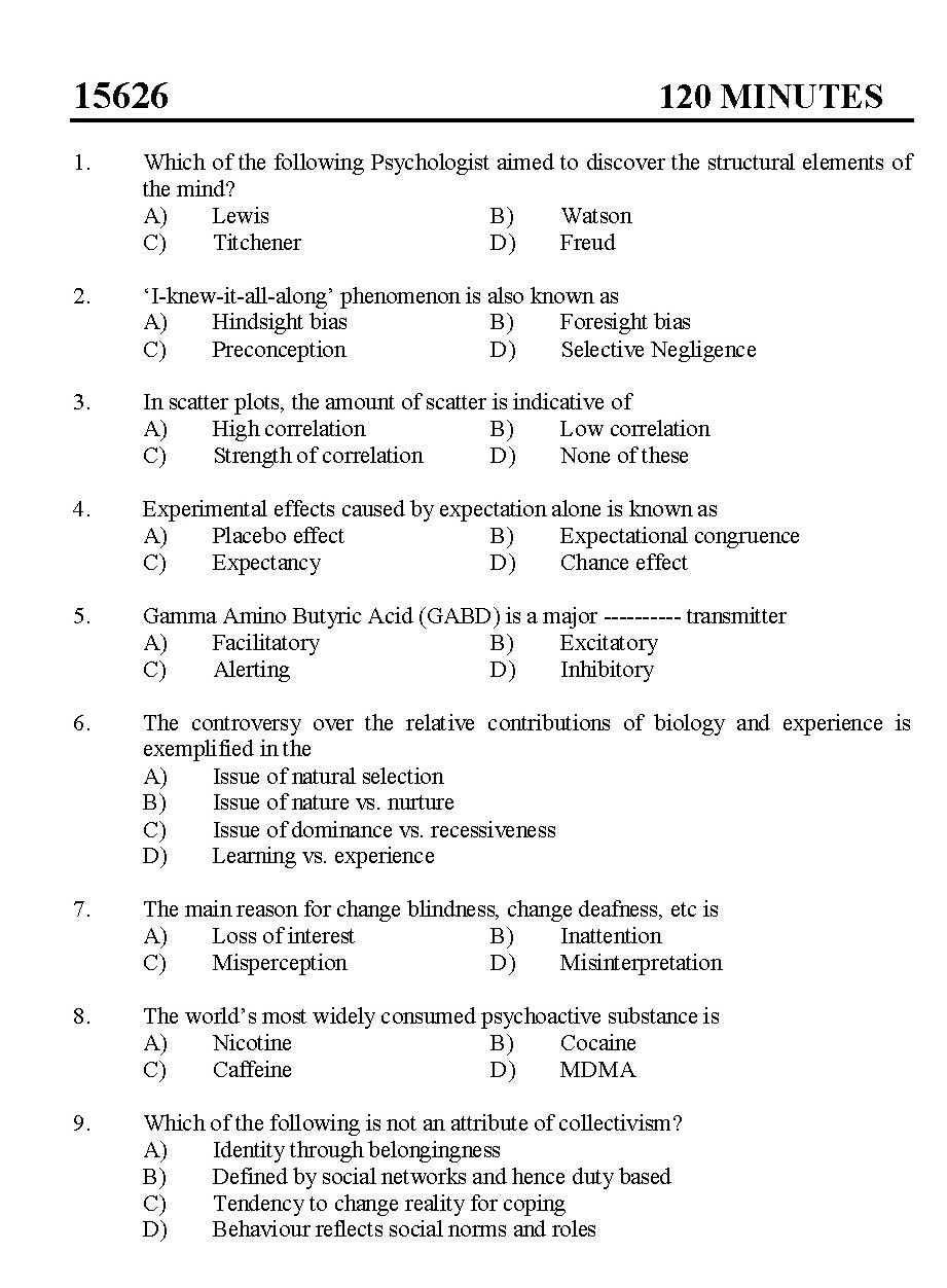 Kerala SET Psychology Exam 2015 Question Code 15626 1