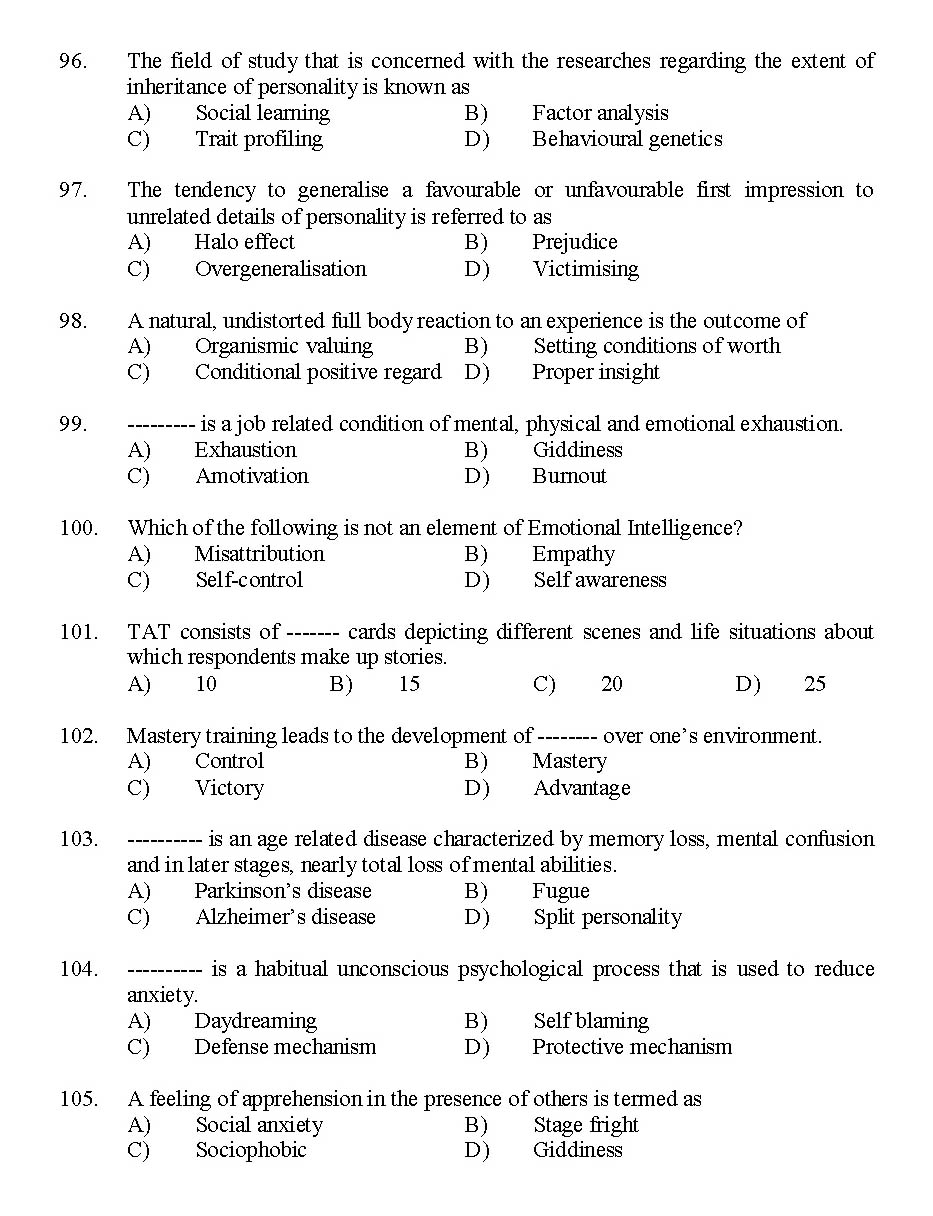 Kerala SET Psychology Exam 2015 Question Code 15626 11