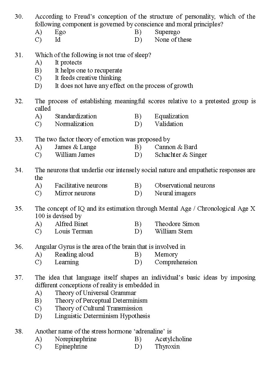Kerala SET Psychology Exam 2015 Question Code 15626 4