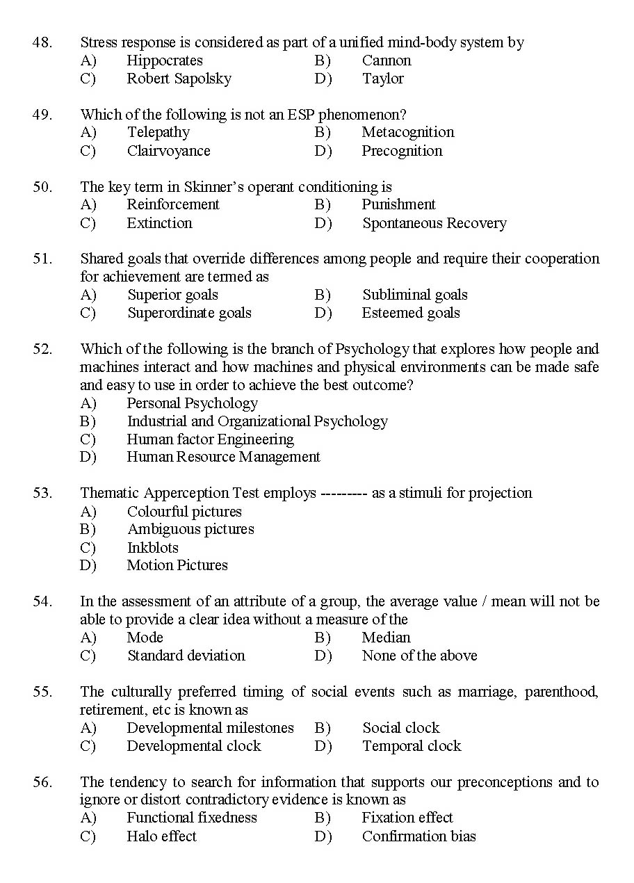 Kerala SET Psychology Exam 2015 Question Code 15626 6