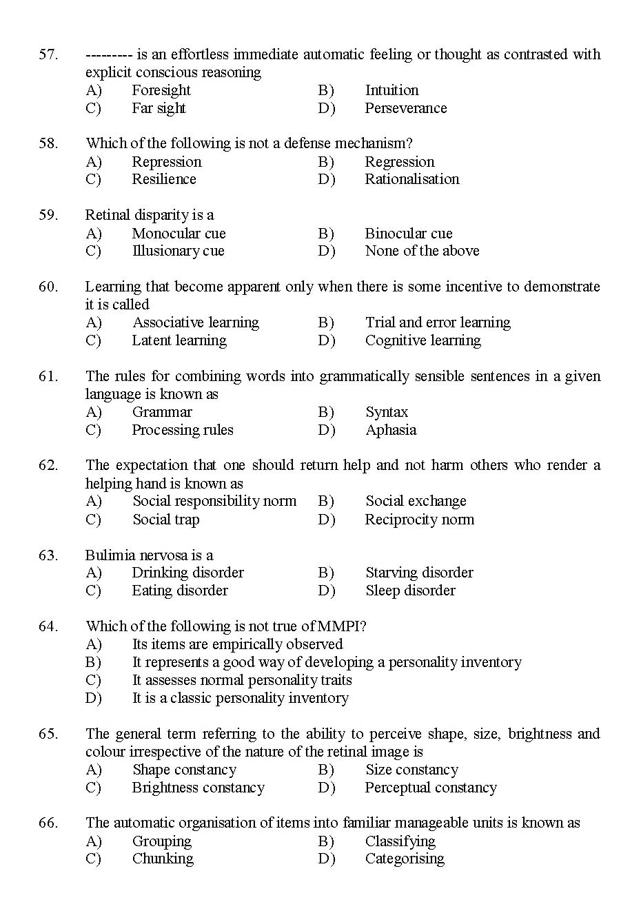 Kerala SET Psychology Exam 2015 Question Code 15626 7