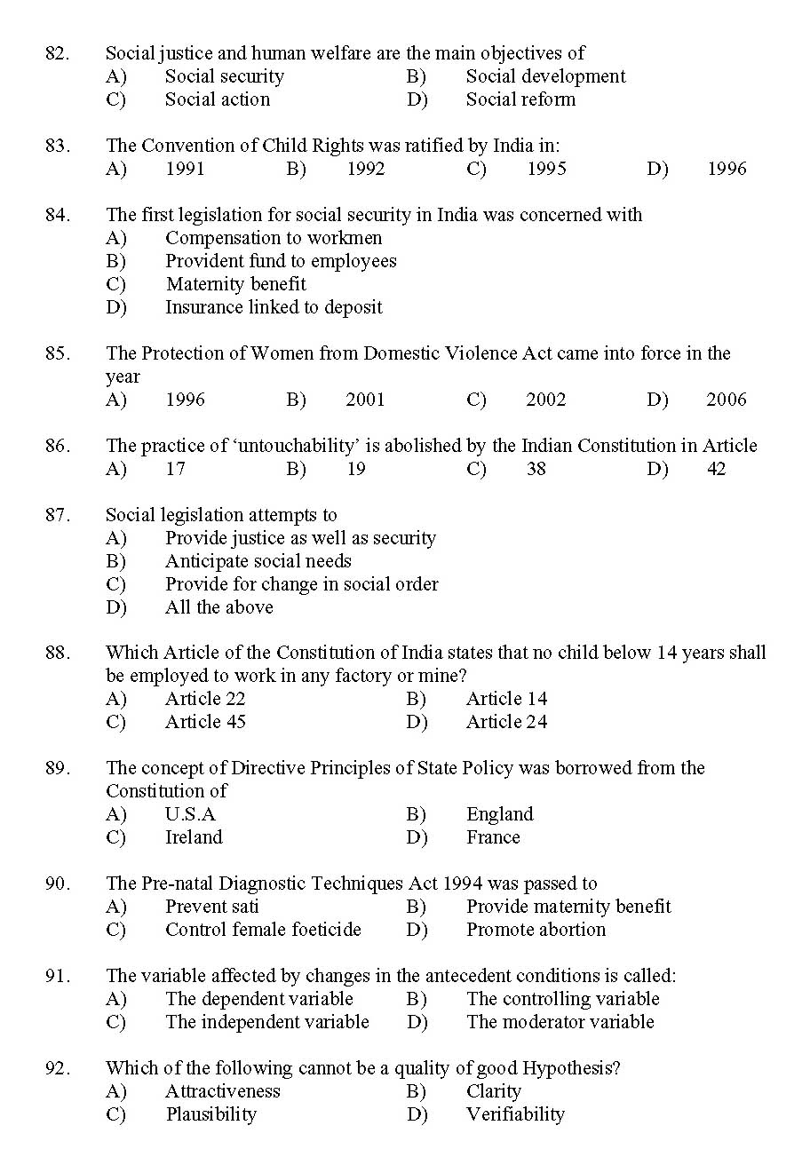 Kerala SET Social Work Exam 2011 Question Code 91129 10