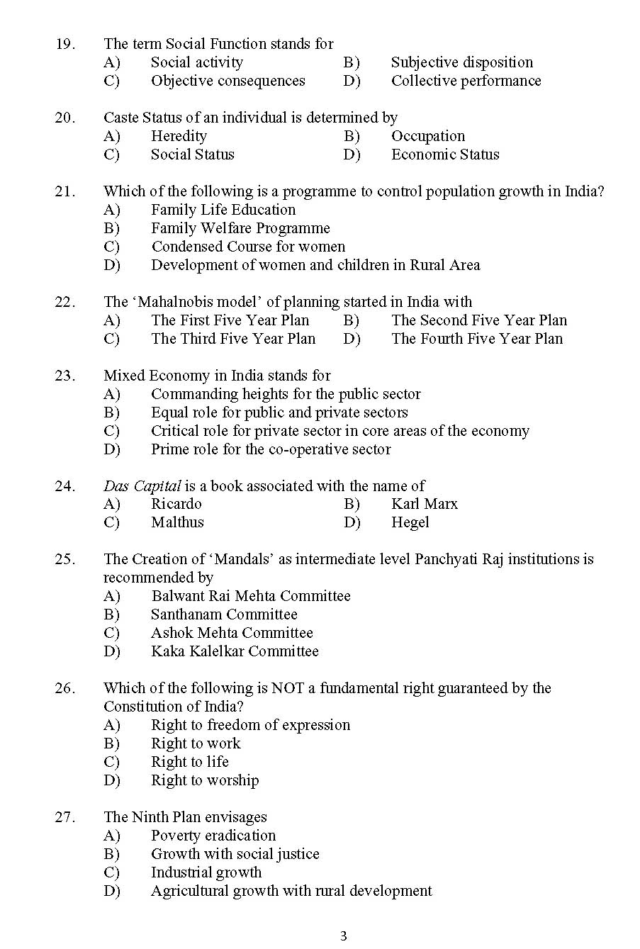 Kerala SET Social Work Exam 2011 Question Code 91129 3