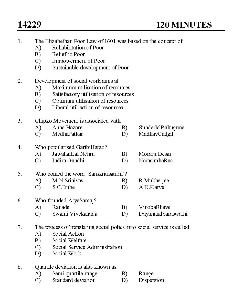 Kerala SET Social Work Exam 2014 Question Code 14229 1