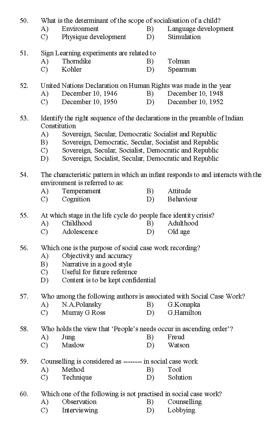 Kerala SET Social Work Exam 2014 Question Code 14229 6