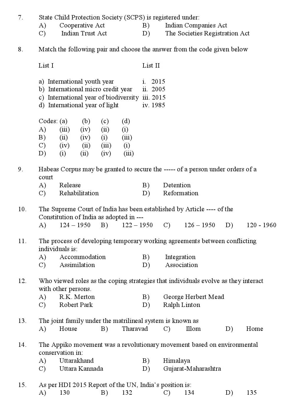 Kerala SET Social Work Exam 2016 Question Code 16629 A 2