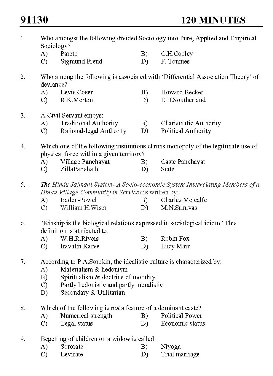 Kerala SET Sociology Exam 2011 Question Code 91130 1
