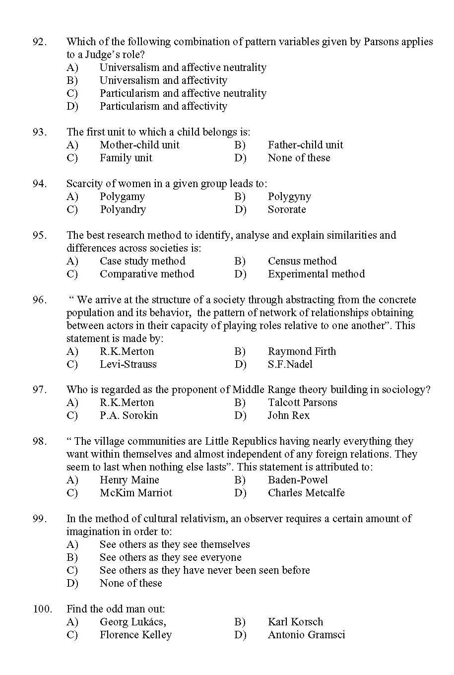 Kerala SET Sociology Exam 2011 Question Code 91130 10