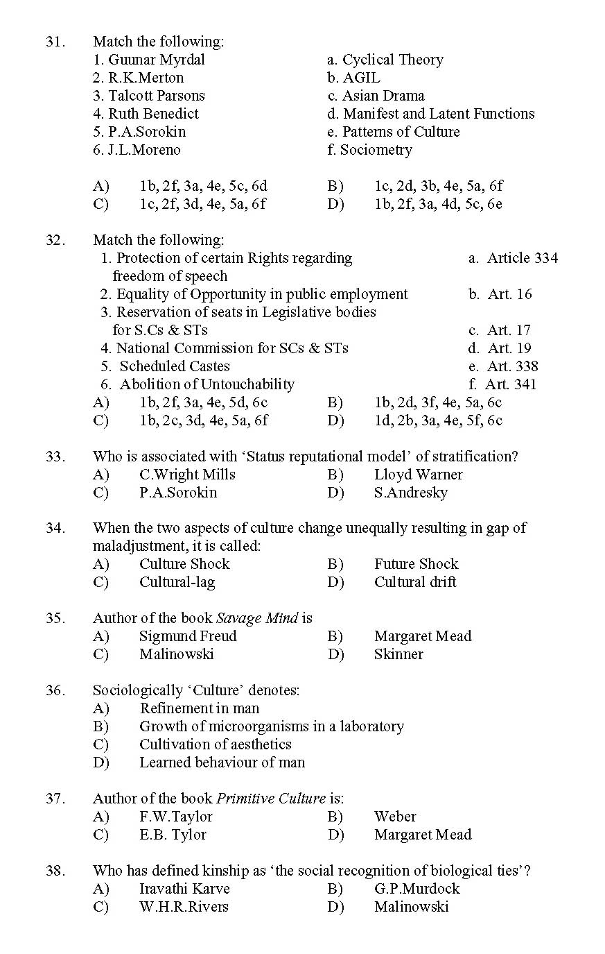 Kerala SET Sociology Exam 2011 Question Code 91130 4