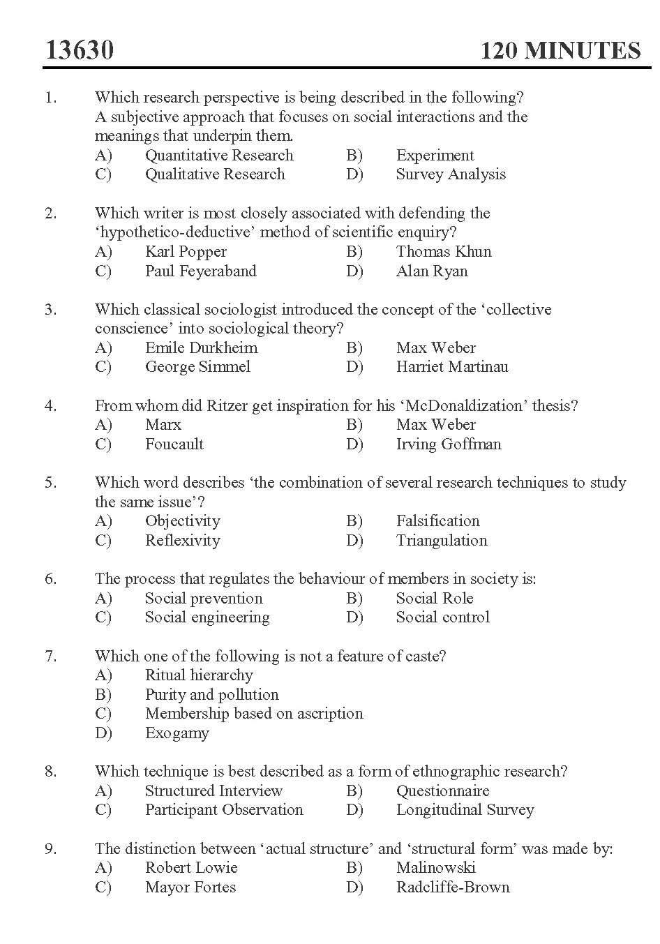 Kerala SET Sociology Exam 2013 Question Code 13630 1