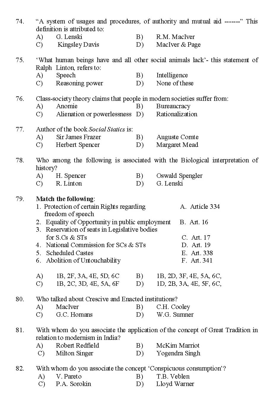 Kerala SET Sociology Exam 2015 Question Code 15630 10