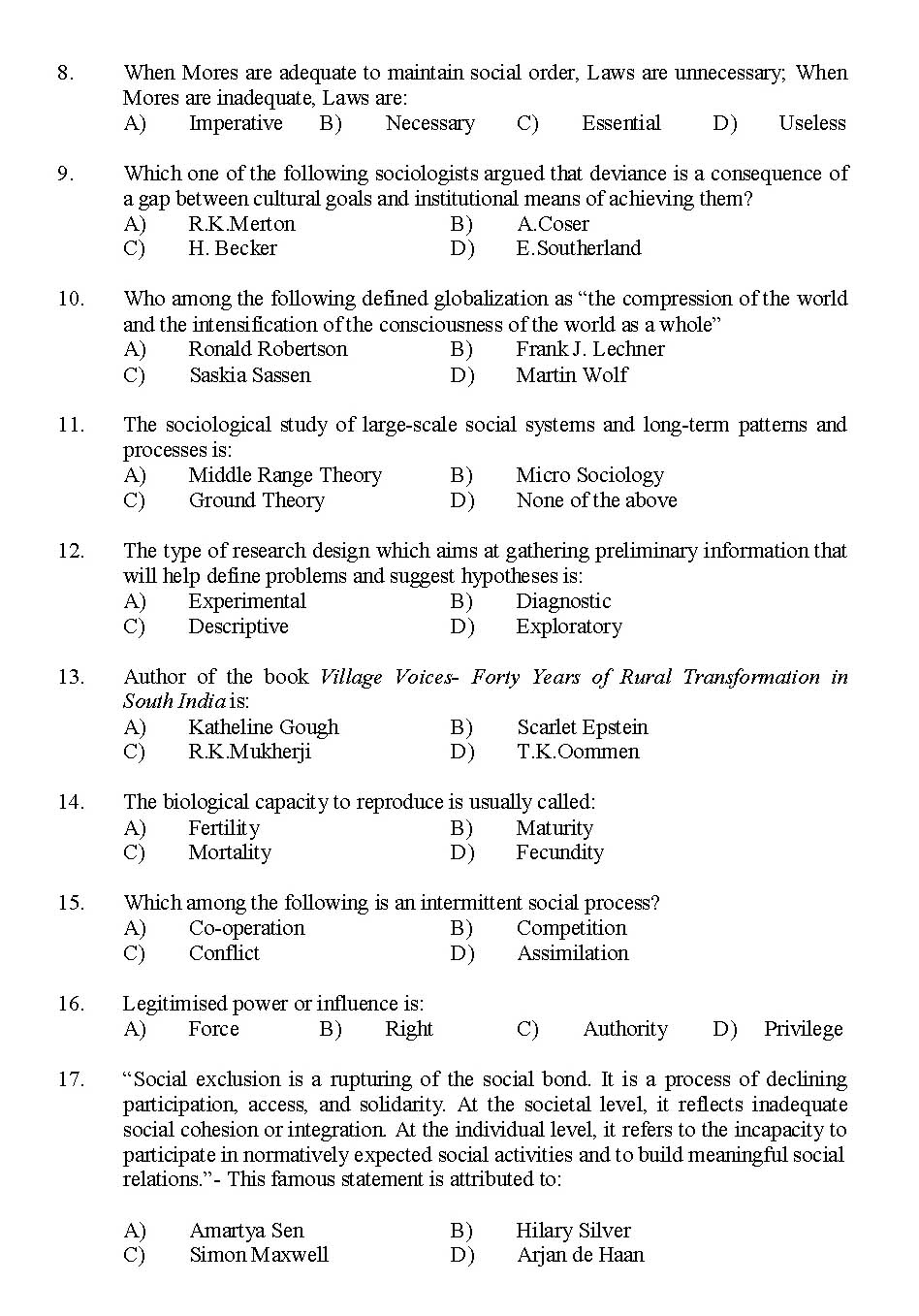 Kerala SET Sociology Exam 2015 Question Code 15630 2
