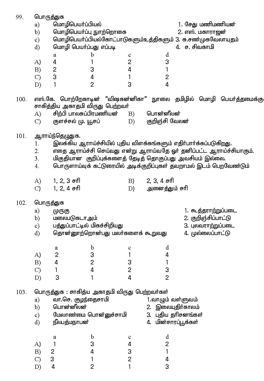 Kerala SET Tamil Exam 2017 Question Code 17233 A 17