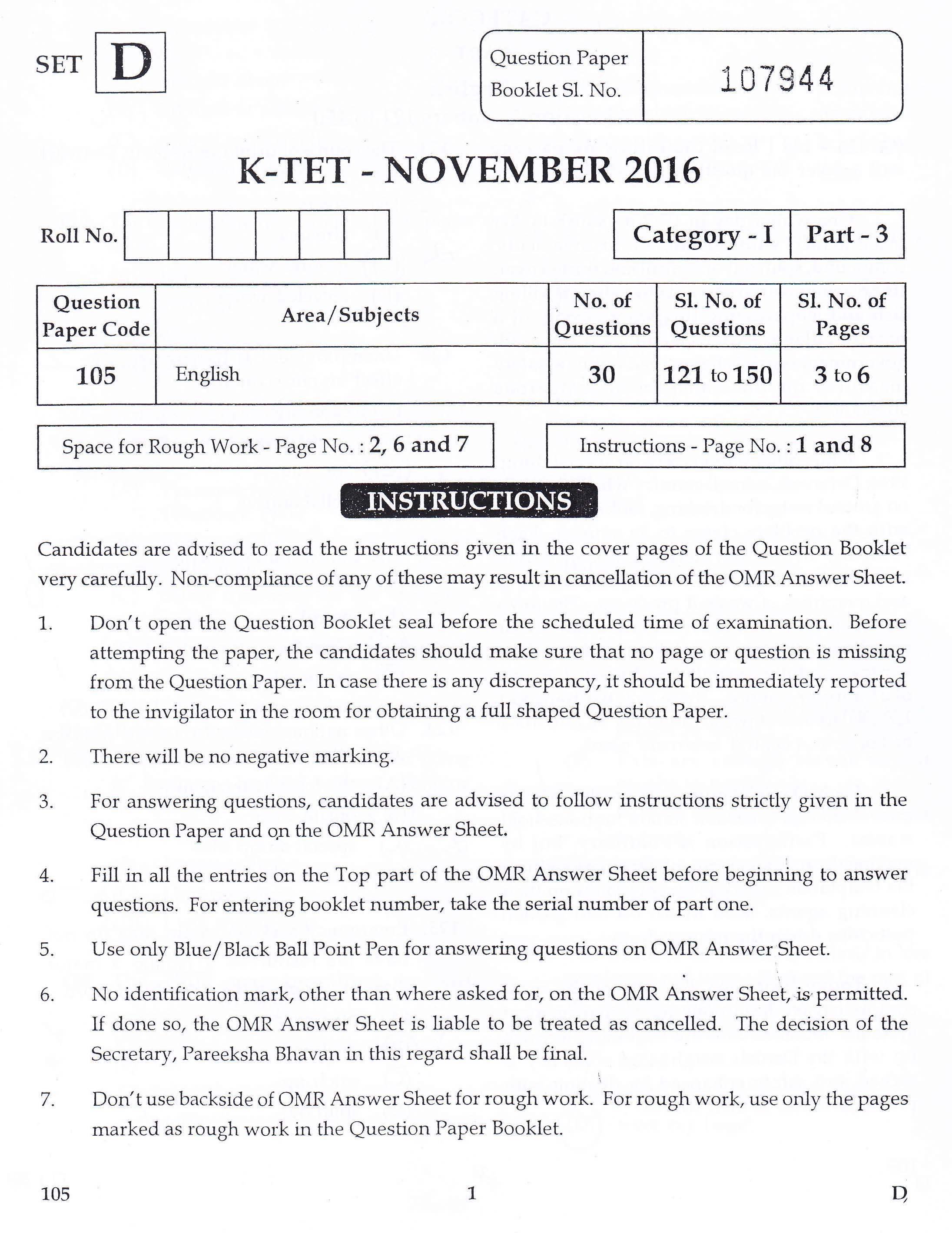 KTET Category I Part 3 English November 2016 1