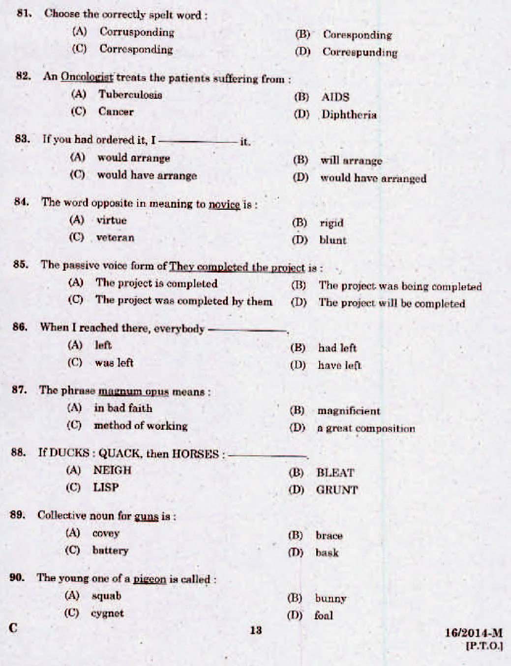 LD Clerk Kottayam Question Paper Malayalam 2014 Paper Code 162014 M 12