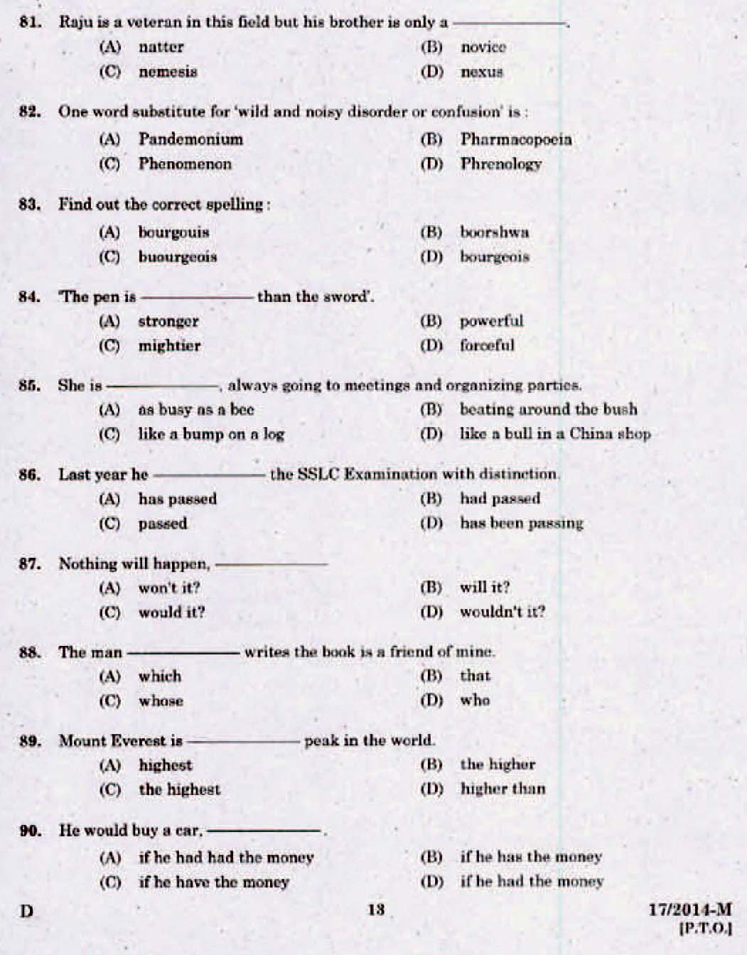 LD Clerk Palakkad Question Paper Malayalam 2014 Paper Code 172014 M 11