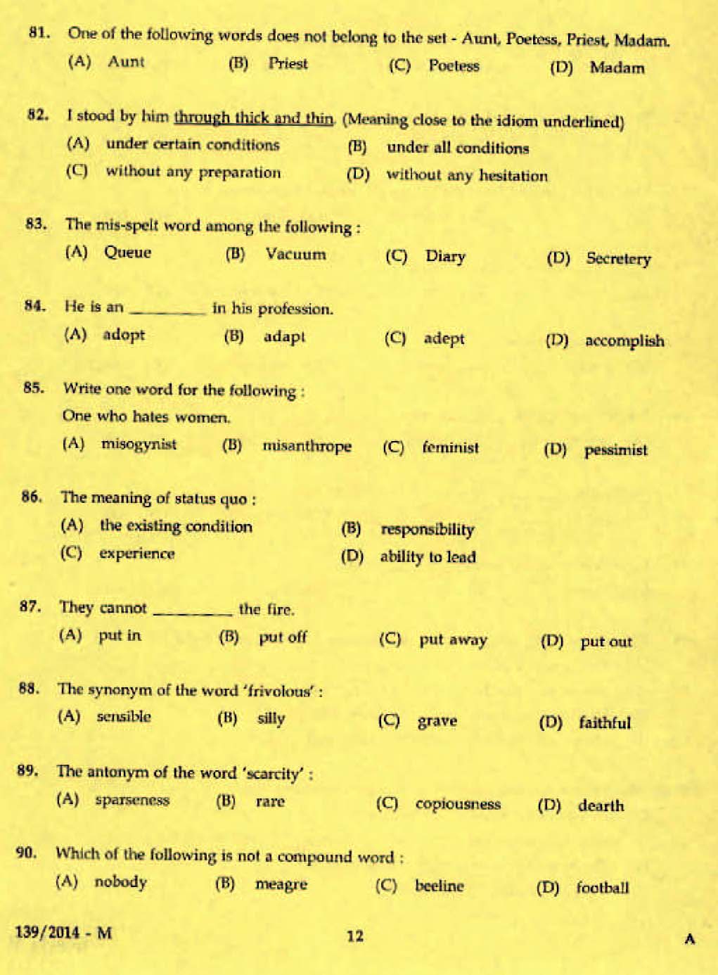 LD Clerk Various Question Paper Malayalam 2014 Paper Code 1392014 M 10