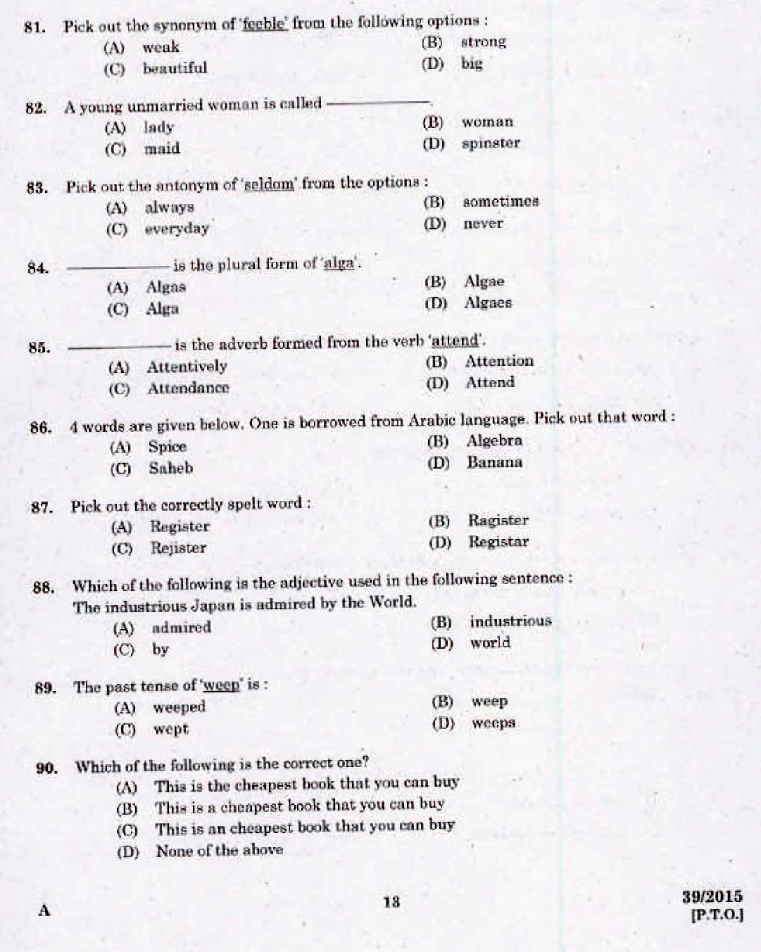 LD Clerk Various Question Paper Malayalam 2015 Paper Code 392015 11
