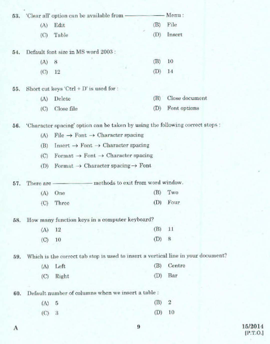 Kerala LD Typist Exam 2014 Question Paper Code 152014 7